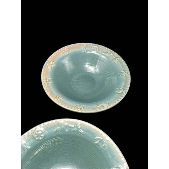 Set 2 Soup Cereal Bowl Tienshan Pueblo Green Hombre Embossed Edge Stoneware - Picture 4 of 8